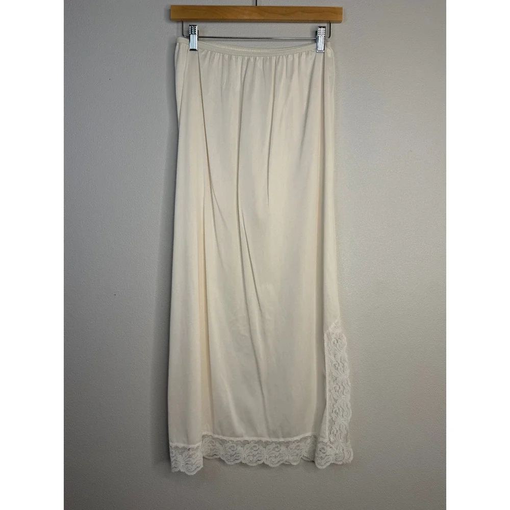 Komar Vintage Ivory Lace Trim Maxi Half Slip Skirt High Slit Nylon USA Medium